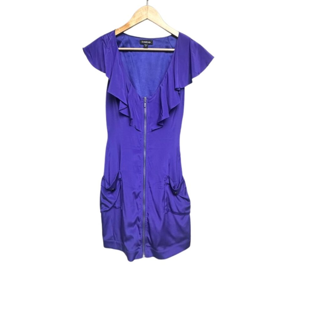 Women's Dress, Purple Silk Ruffle Dress, Bebe Brand Size S